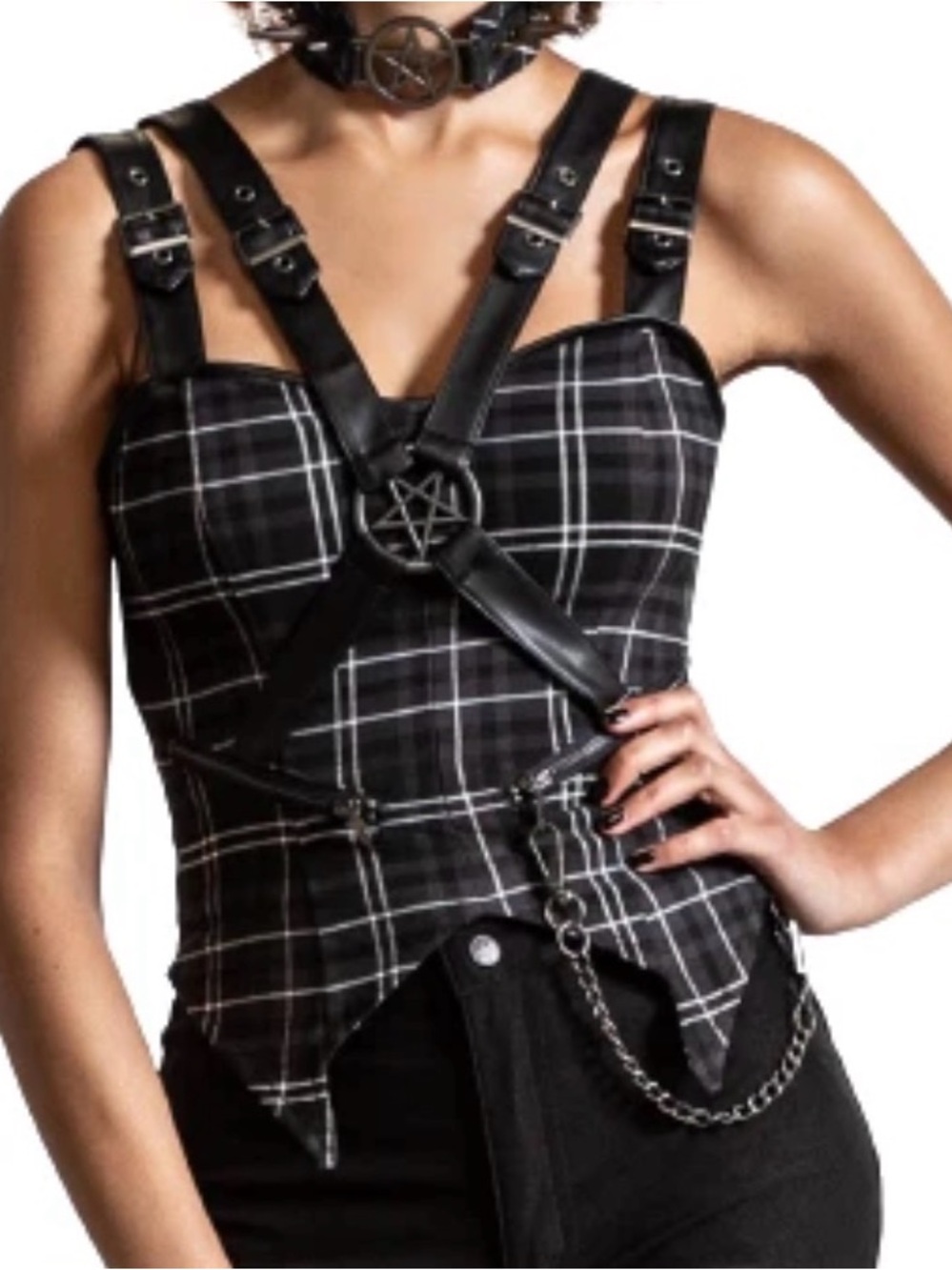Killstar Black Plaid Gothic Harness Corset Top - Picture 2 of 8
